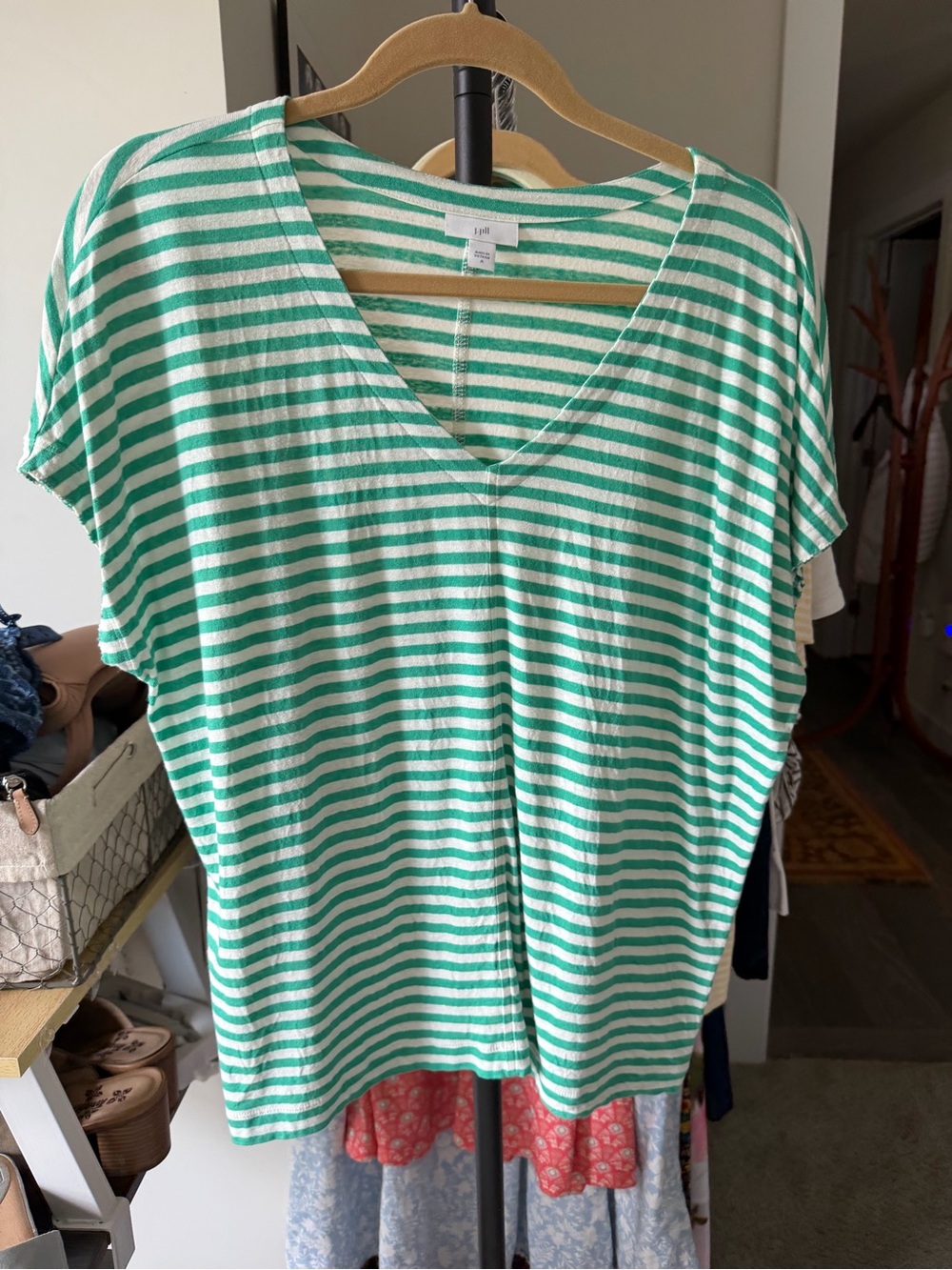 J.jilWomen's Green and White Striped V-Neck Top